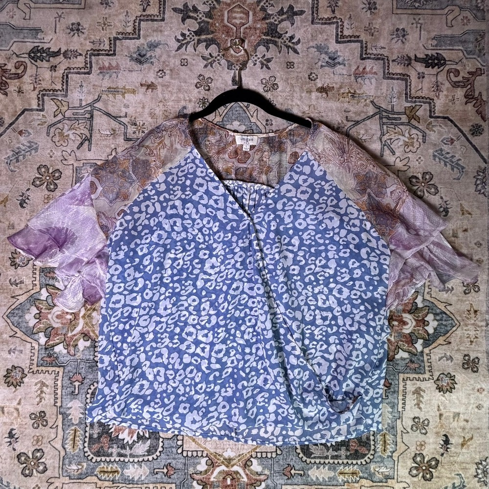 Umgee USA Blue Leopard Print Mixed Media Ruffle Sleeve Blouse Large Boho Artsy